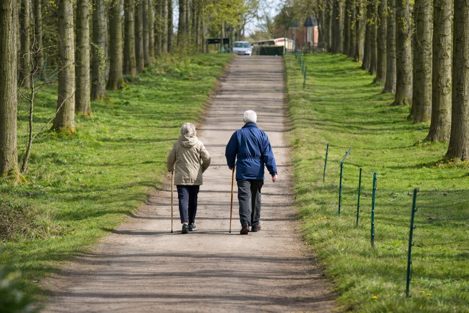 Active senior couple walking comfortably in a park